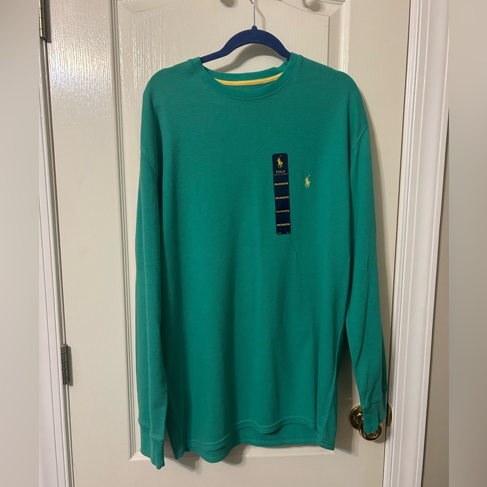 Waffle knit polo long sleeve top